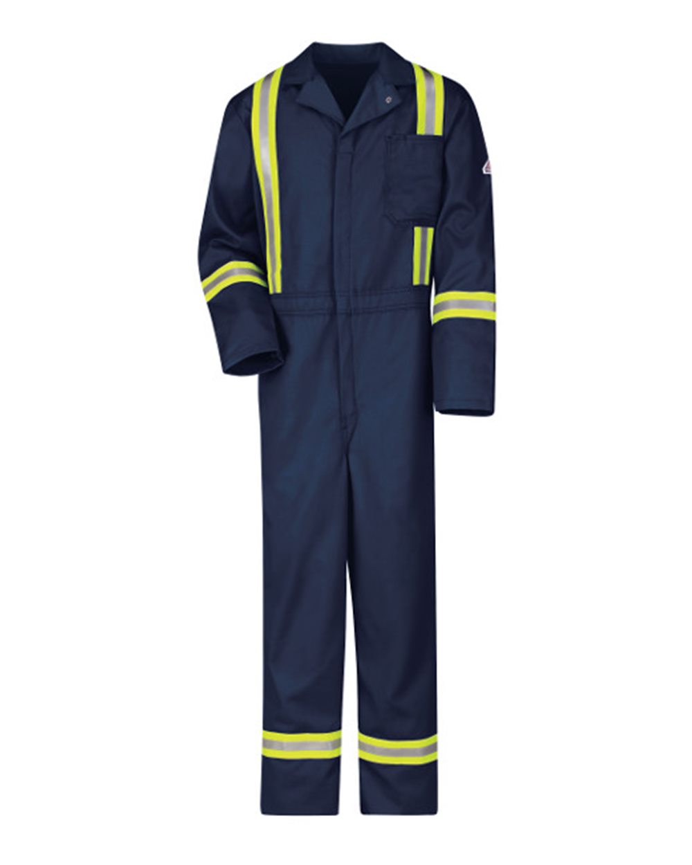 Front View of Navy/ Yellow Trim Classic Coverall with Reflective Trim - EXCEL FR - CECT