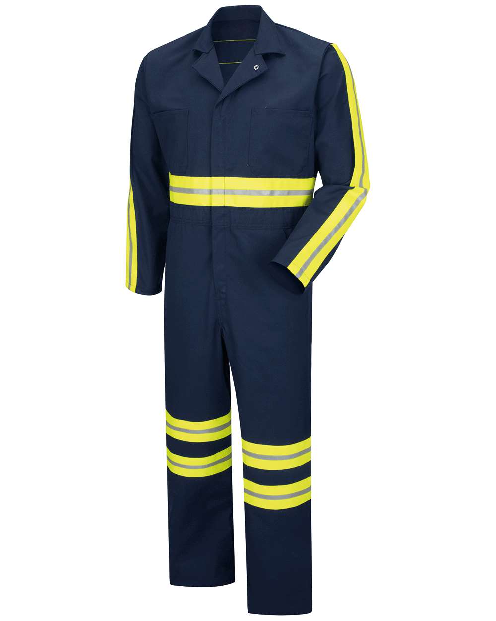 Front View of Navy/ Yellow Trim Enhanced Visibility Action Back Coverall - CT10EN