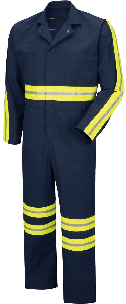 Front View of Navy/ Yellow Trim Enhanced Visibility Action Back Coverall - Tall Sizes - CT10ENT