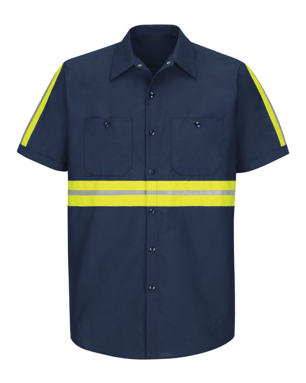 Front View of Navy/ Yellow Trim Enhanced Visibility Industrial Work Shirt - SP24E