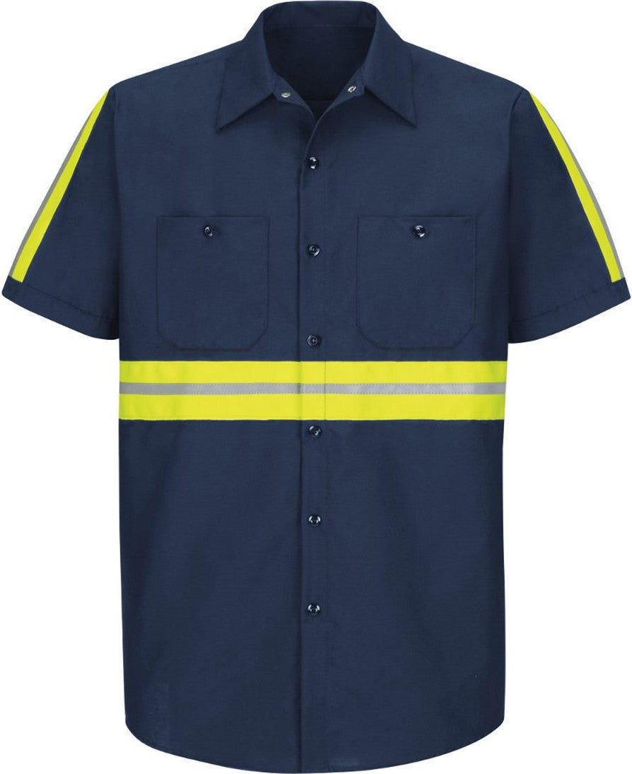 Front View of Navy/ Yellow Trim Enhanced Visibility Industrial Work Shirt - Tall Sizes - SP24ET