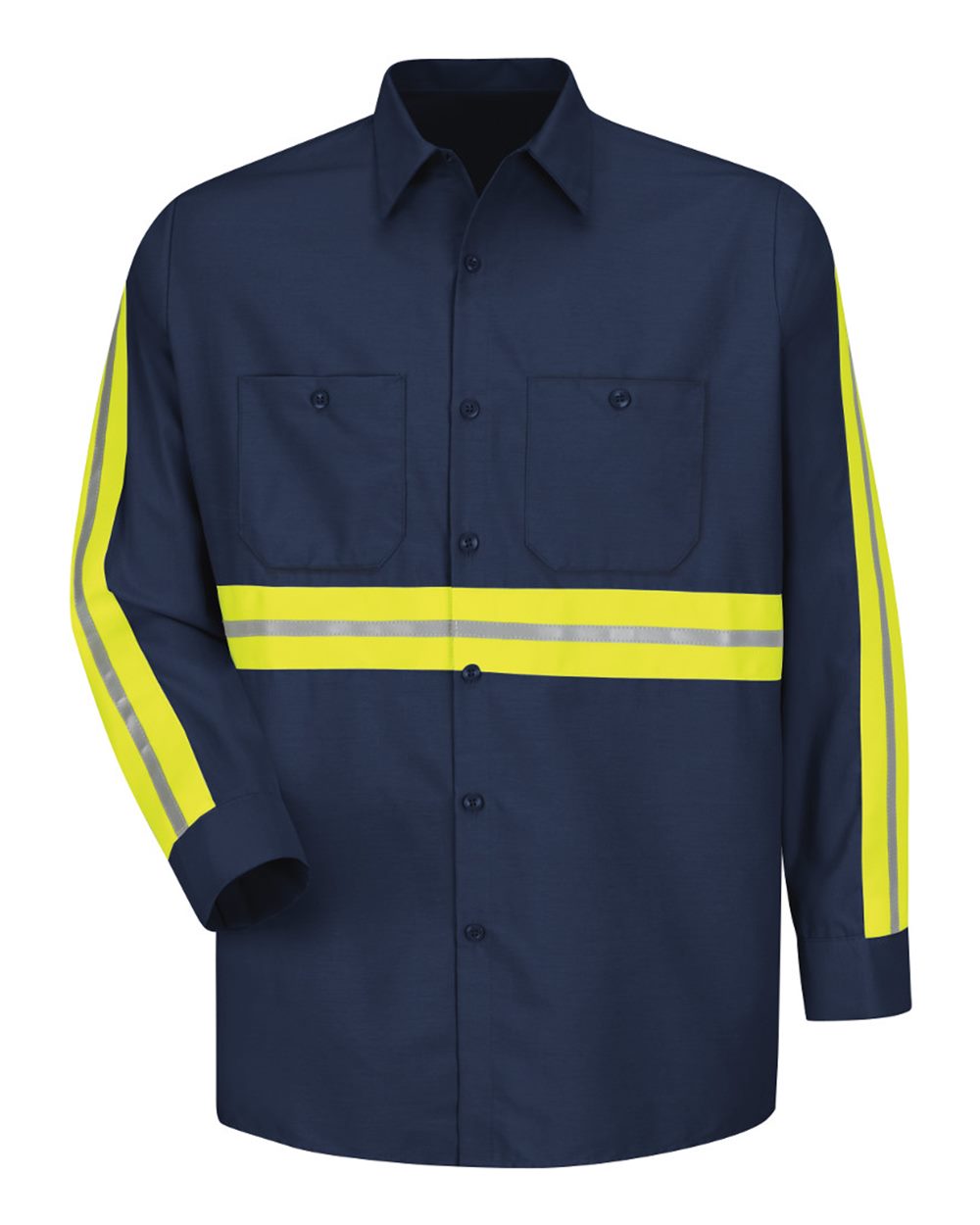 Front View of Navy/ Yellow Trim Industrial Enhanced-Visibility Long Sleeve Work Shirt - Tall Sizes - SP14ET