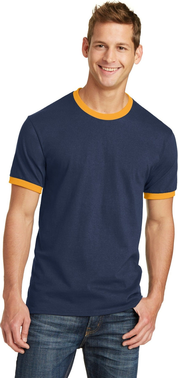 Front View of Navy/Gold Port & Co Core Cotton Ringer Tee. PC54R