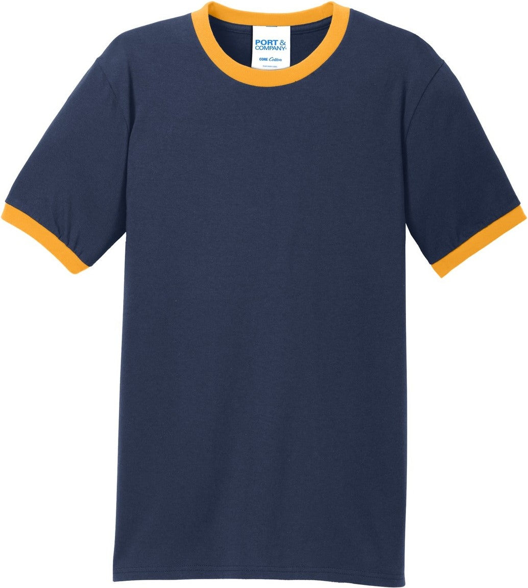 Front View of Navy/Gold Port & Co Core Cotton Ringer Tee. PC54R