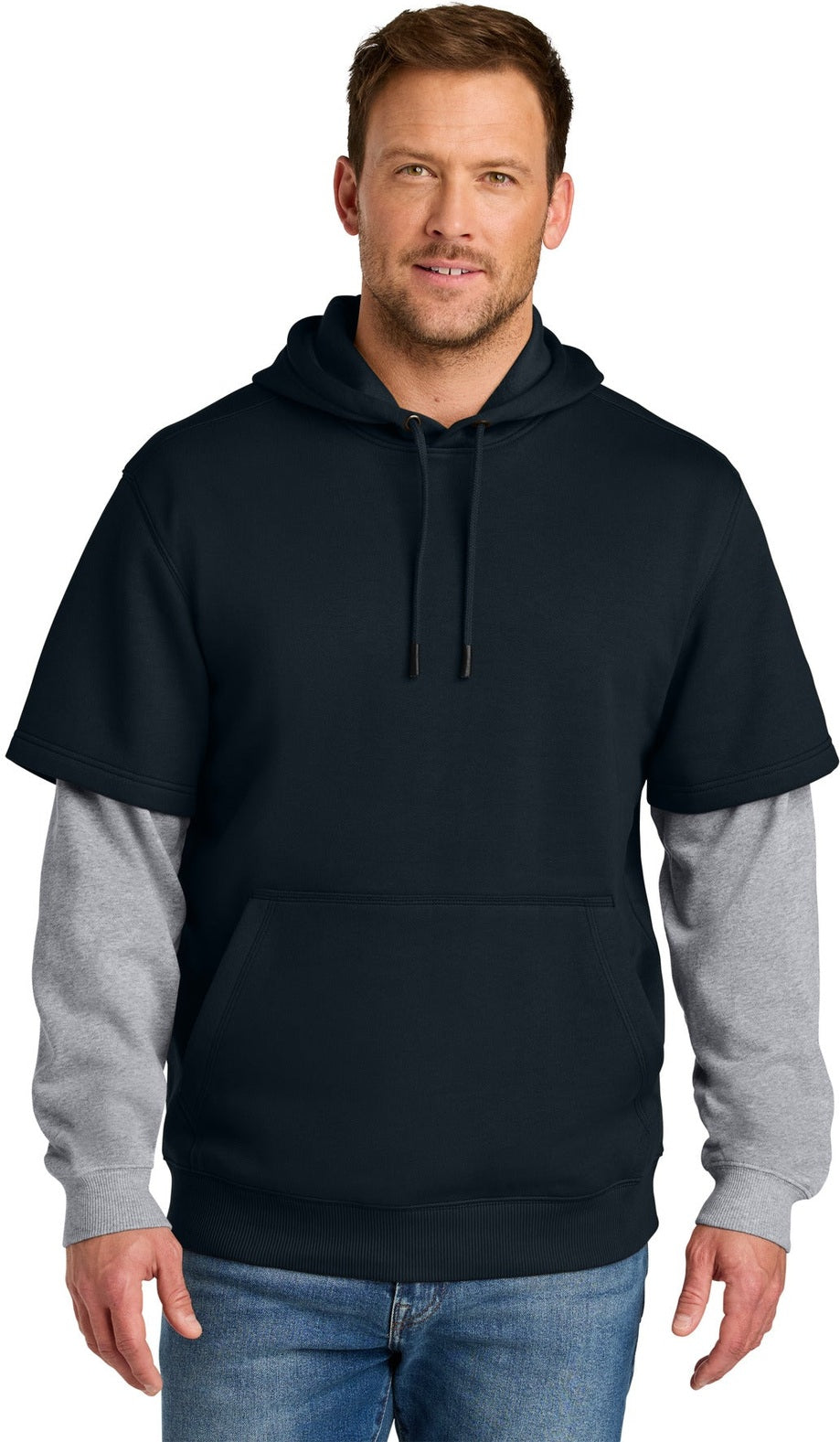 Front View of Navy/HtGy CornerStone Tough Fleece Layered Hoodie CSF632