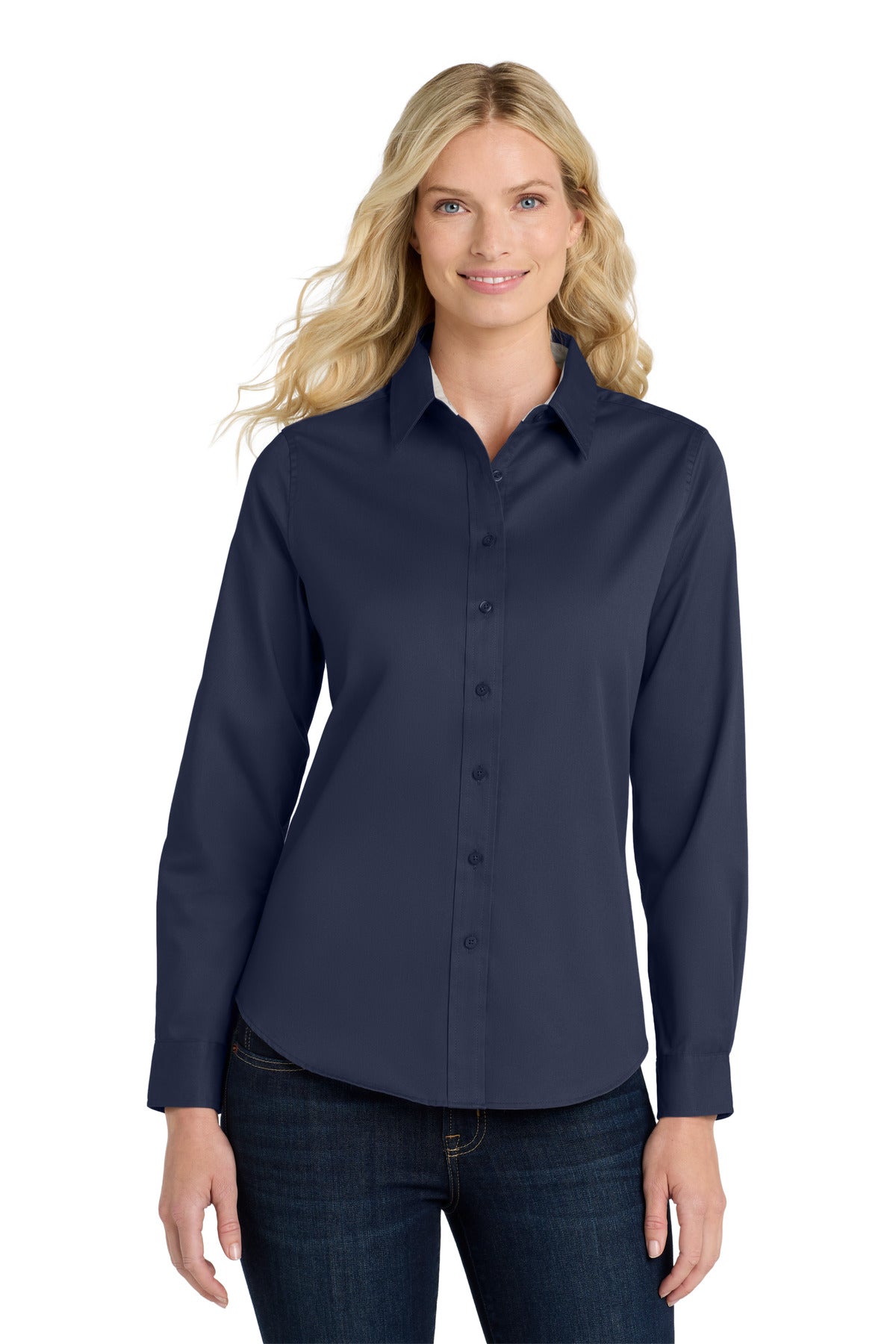 Front View of Navy/Lt Stone Port Authority Women's Long Sleeve Easy Care Shirt. L608