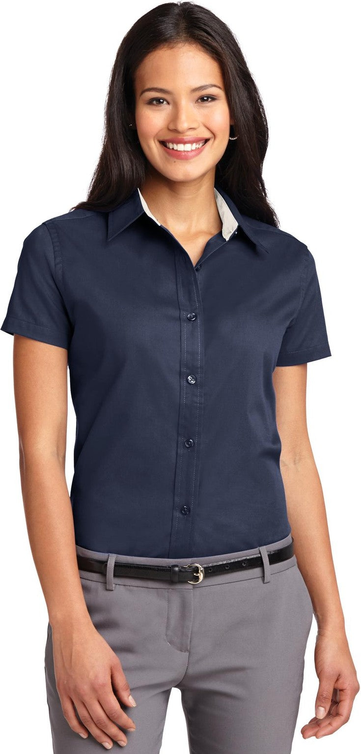 Front View of Navy/Lt Stone Port Authority Women's Short Sleeve Easy Care Shirt. L508