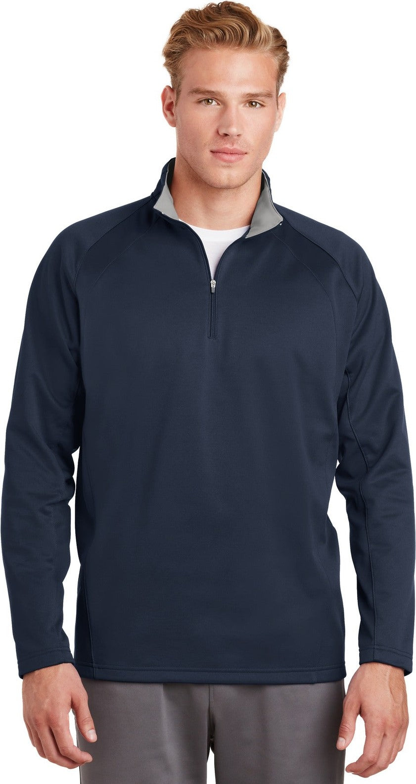 Front View of Navy/Silver Sport-Tek Sport-Wick Fleece 1/4-Zip Pullover. F243