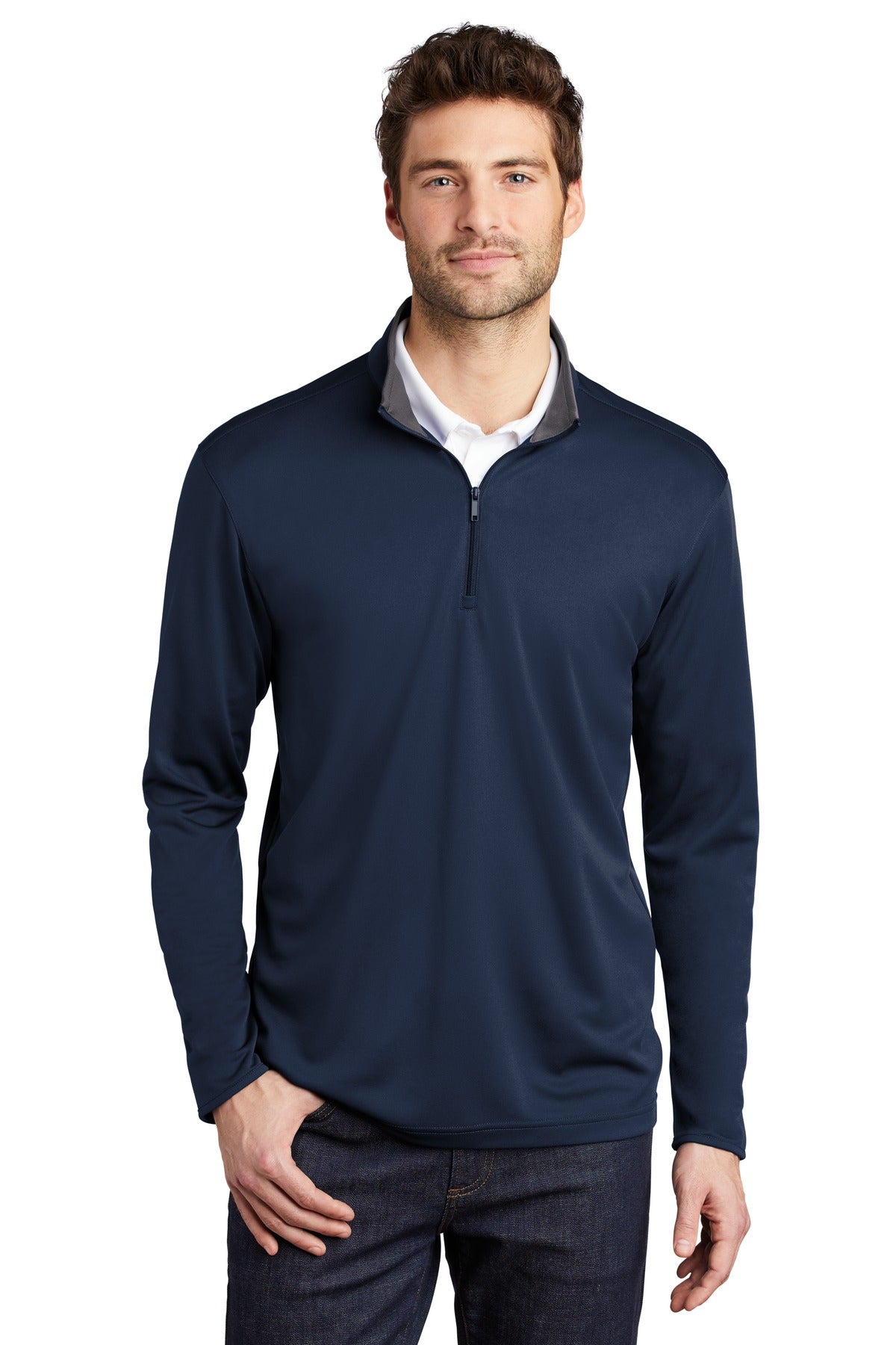 Front View of Navy/Steel Gry Port Authority Silk Touch Performance 1/4-Zip K584