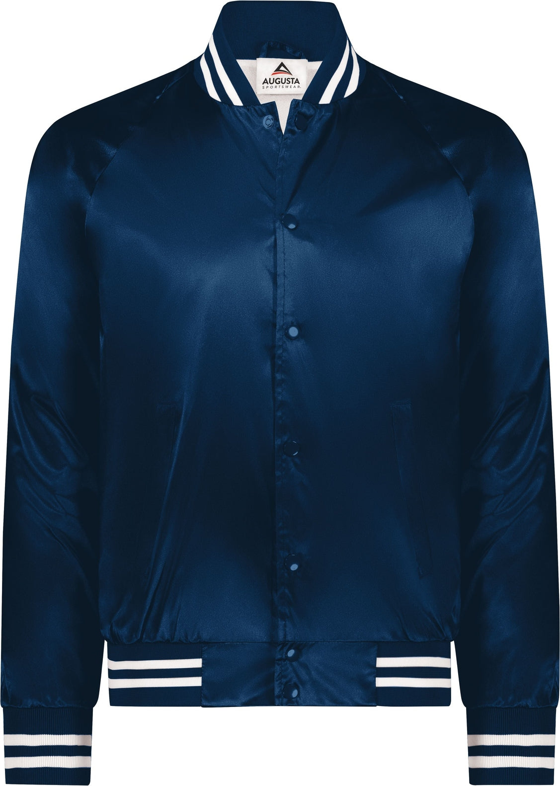 NAVY/WHITE SATIN BASEBALL JKT/STRIPED TRM