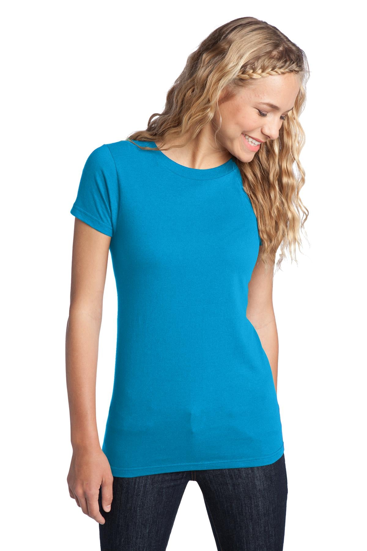 Front View of Neon Blue District Women's Fitted The Concert Tee DT5001