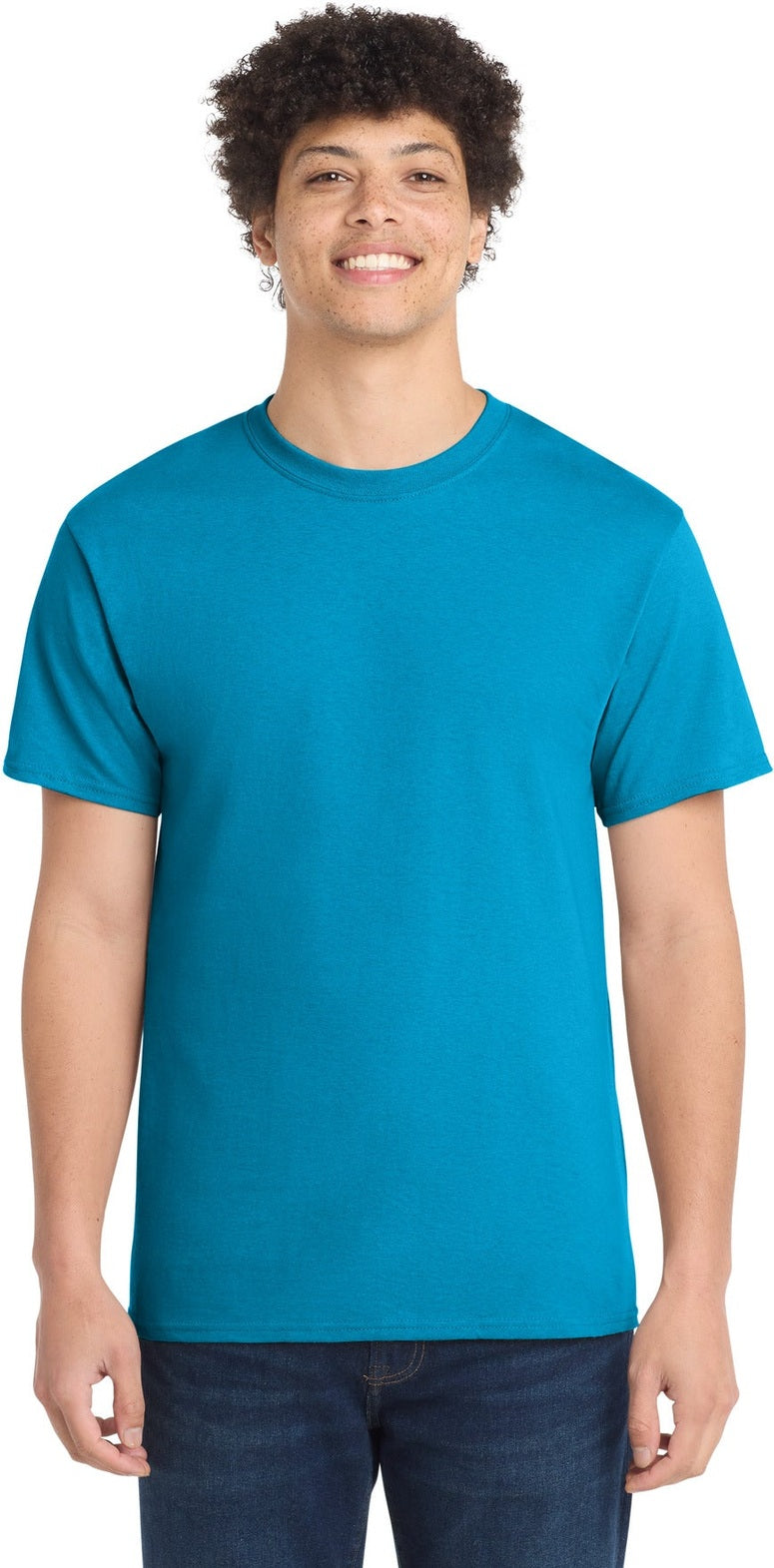 Front View of Neon Blue Port & Co Core Cotton Tee. PC54