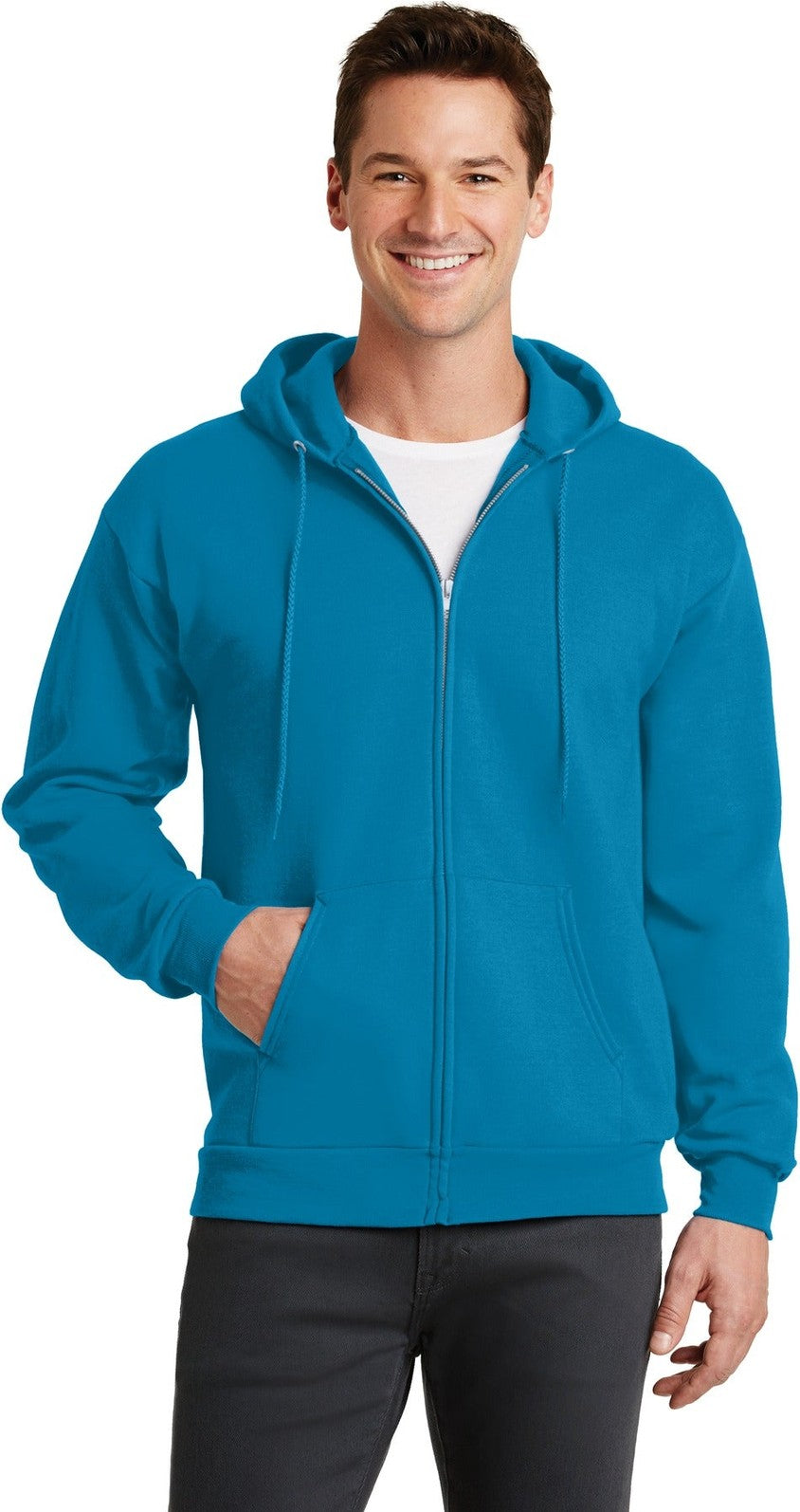 Front View of Neon Blue Port & Co Core Fleece Full-Zip Hooded Sweatshirt. PC78ZH