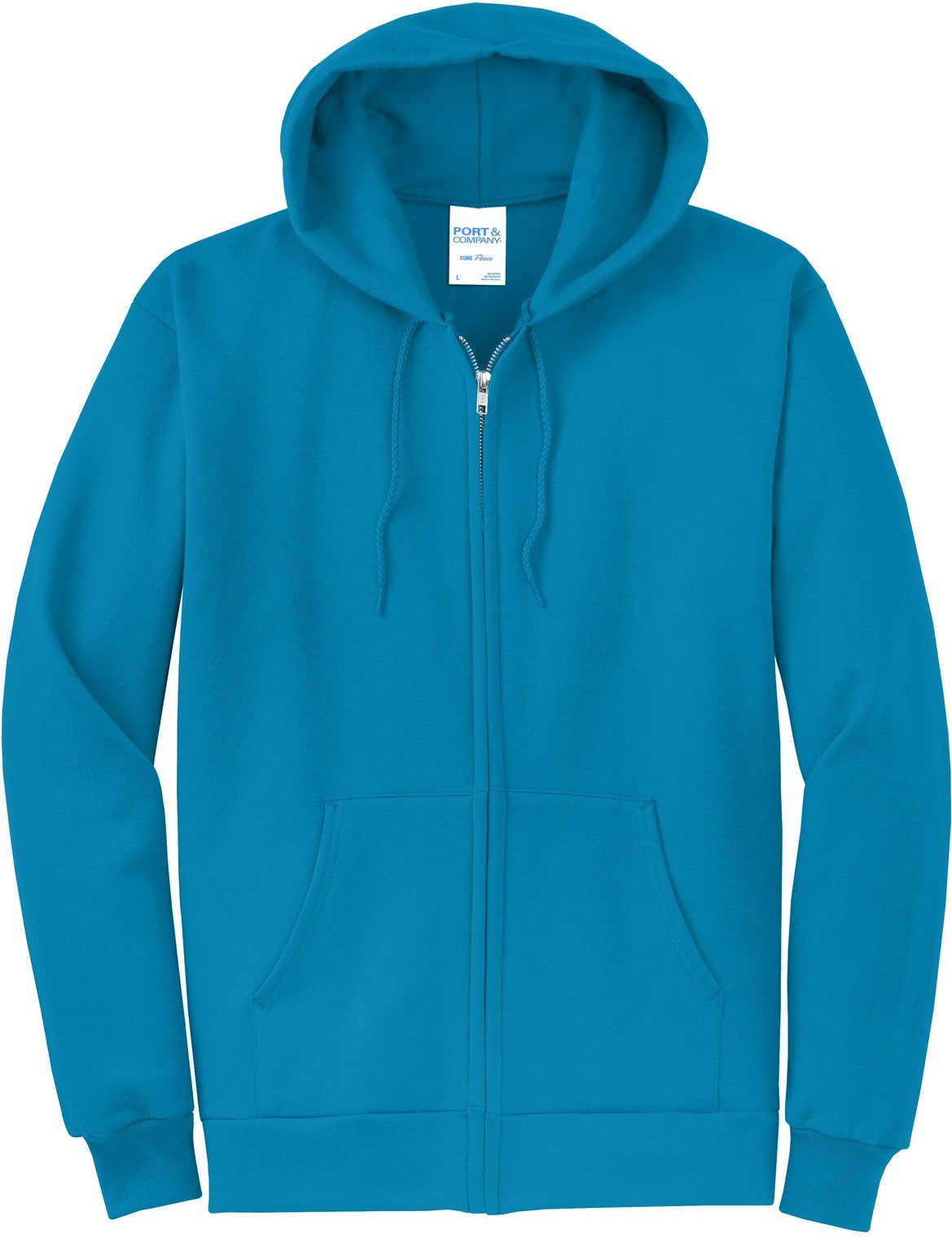 Front View of Neon Blue Port & Co Core Fleece Full-Zip Hooded Sweatshirt. PC78ZH