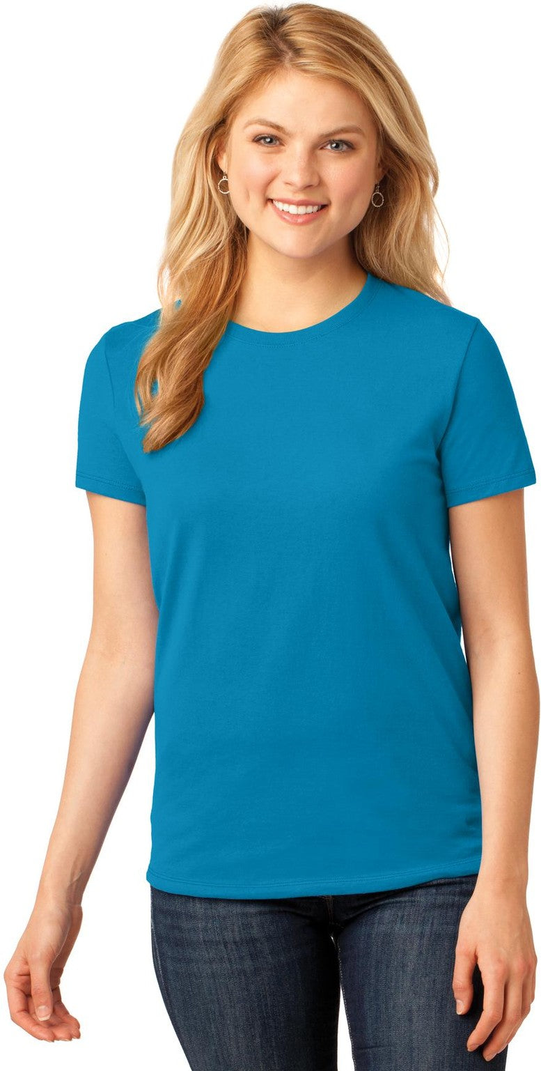 Front View of Neon Blue Port & Co Women's Core Cotton Tee. LPC54