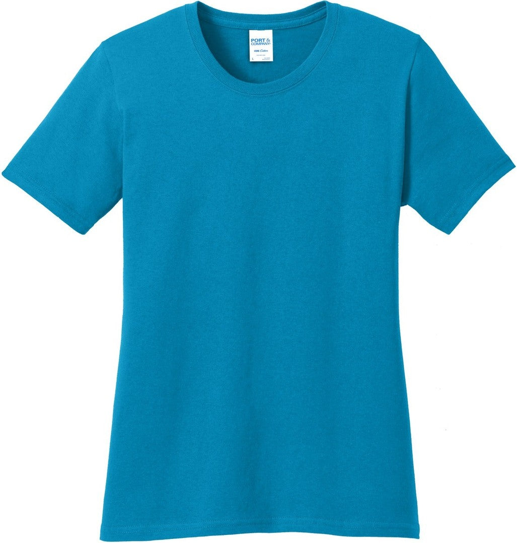 Front View of Neon Blue Port & Co Women's Core Cotton Tee. LPC54