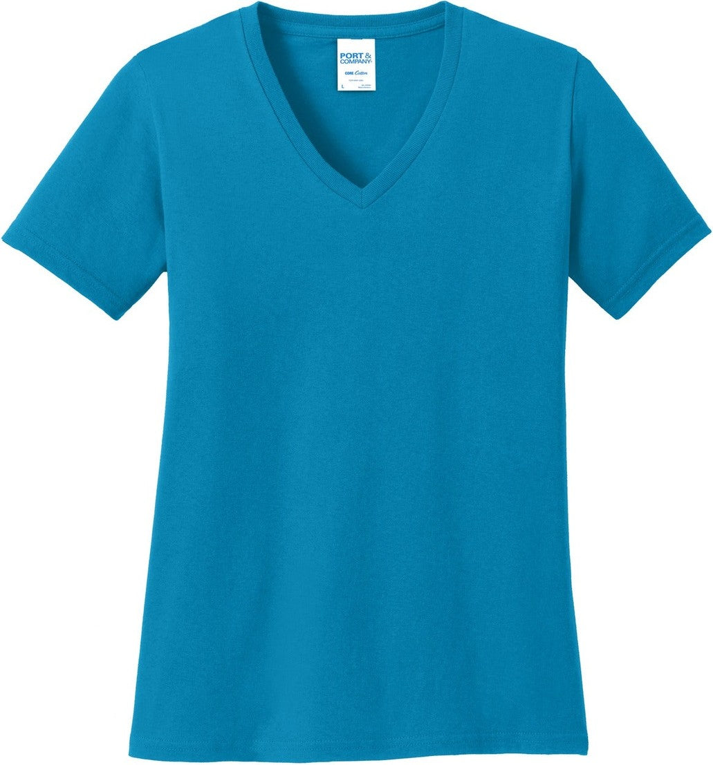 Front View of Neon Blue Port & Co Women's Core Cotton V-Neck Tee. LPC54V