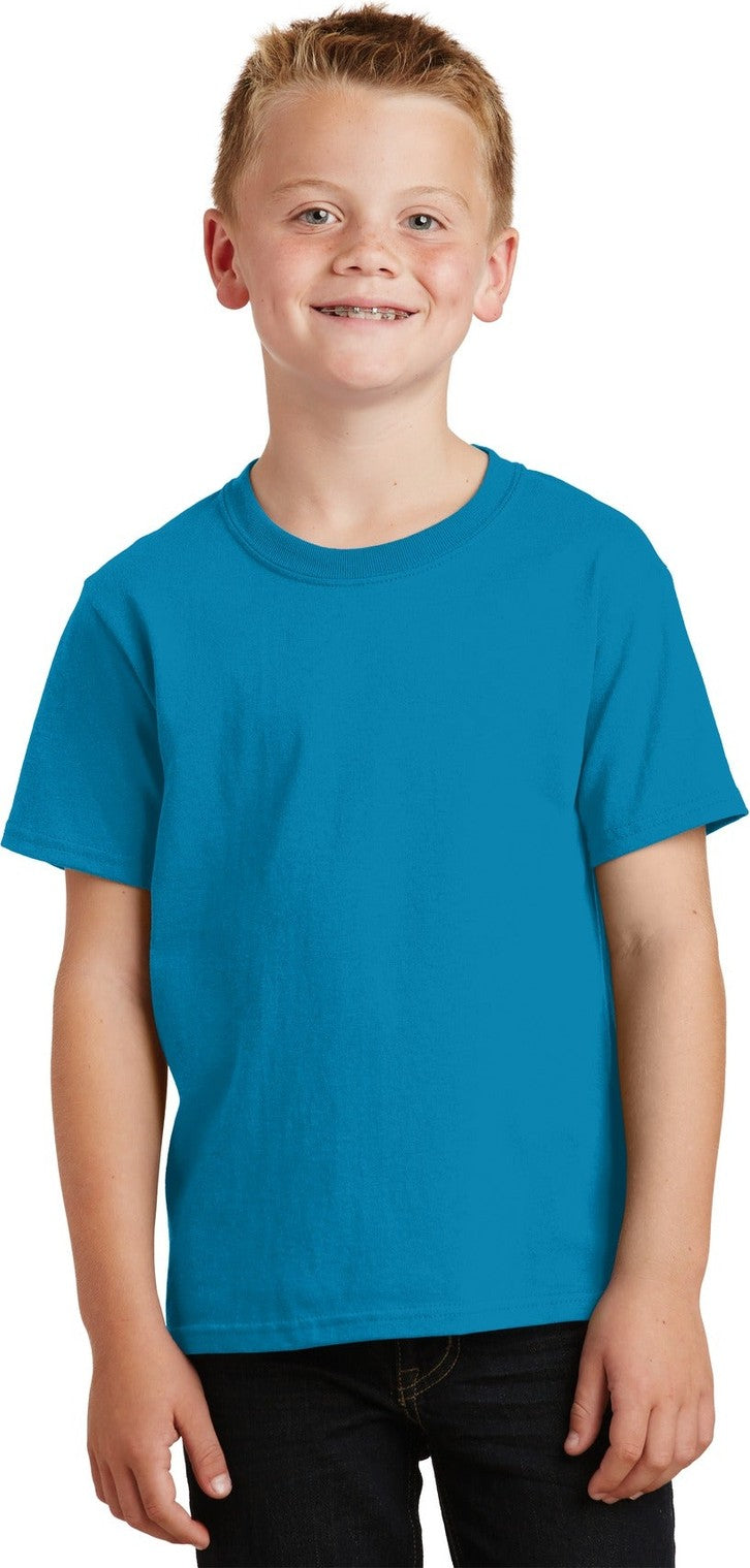 Front View of Neon Blue Port & Co Youth Core Cotton Tee. PC54Y