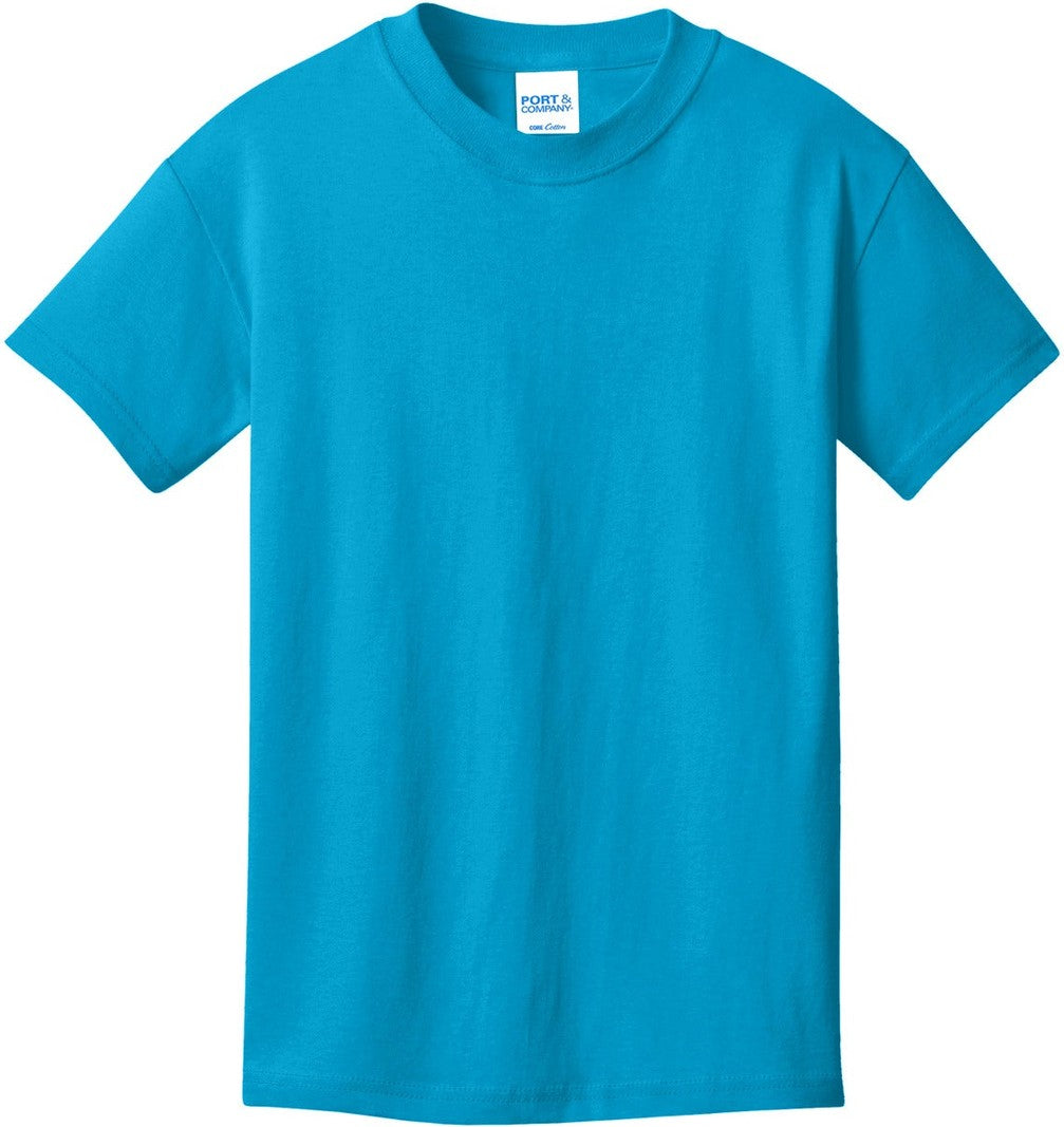 Front View of Neon Blue Port & Co Youth Core Cotton Tee. PC54Y