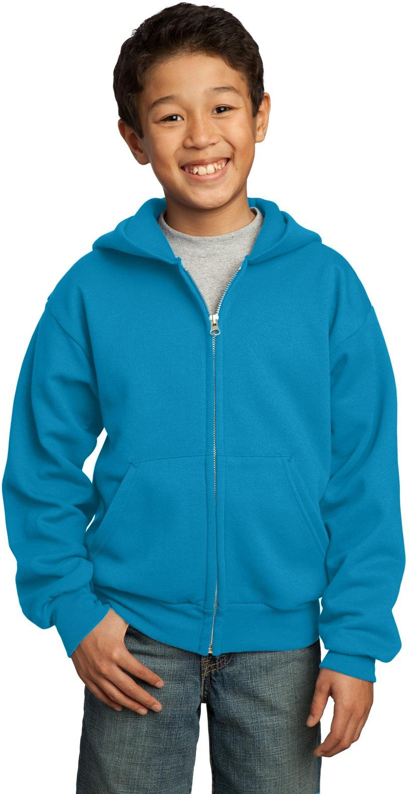 Front View of Neon Blue Port & Co Youth Core Fleece Full-Zip Hooded Sweatshirt. PC90YZH