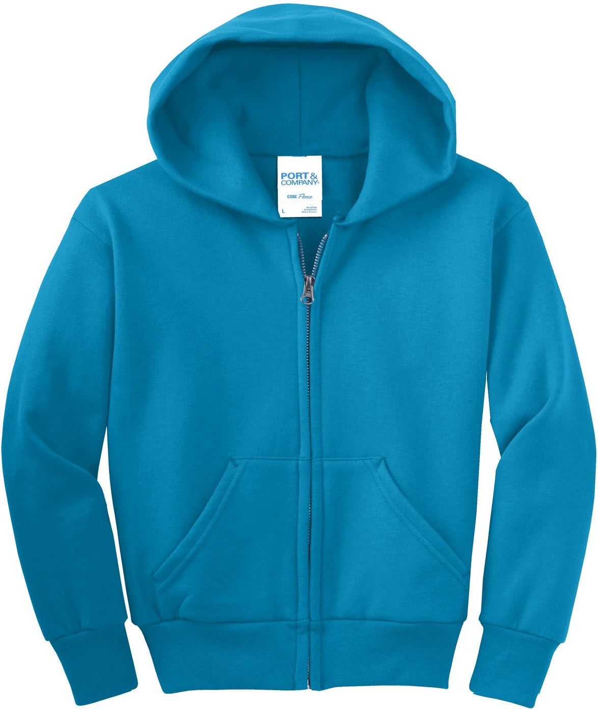 Front View of Neon Blue Port & Co Youth Core Fleece Full-Zip Hooded Sweatshirt. PC90YZH