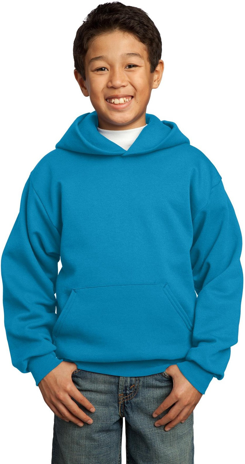 Front View of Neon Blue Port & Co Youth Core Fleece Pullover Hooded Sweatshirt. PC90YH
