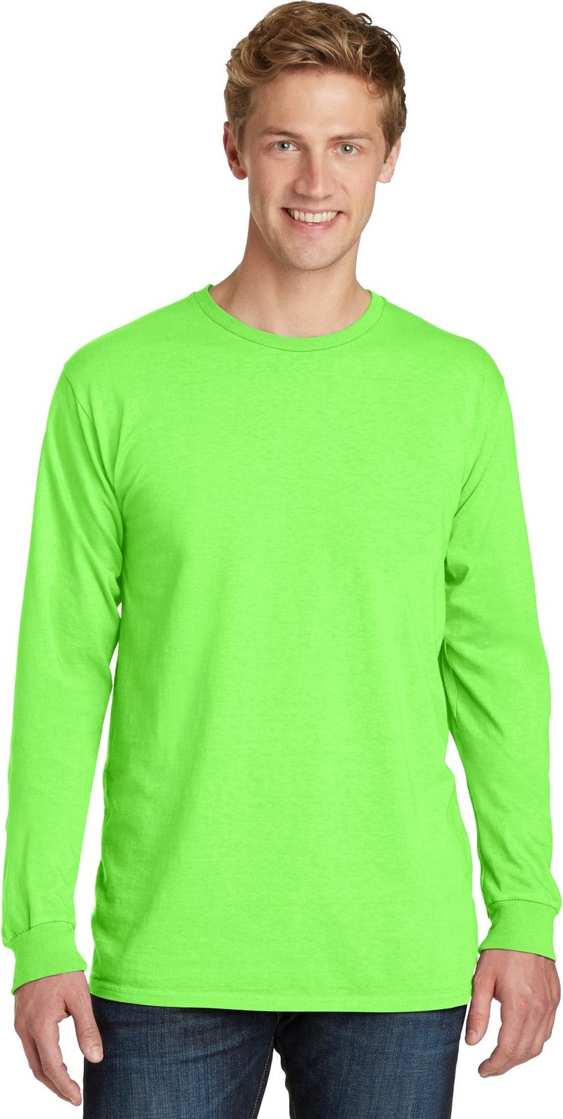 Front View of Neon Green Port & Co Beach Wash Garment-Dyed Long Sleeve Tee PC099LS