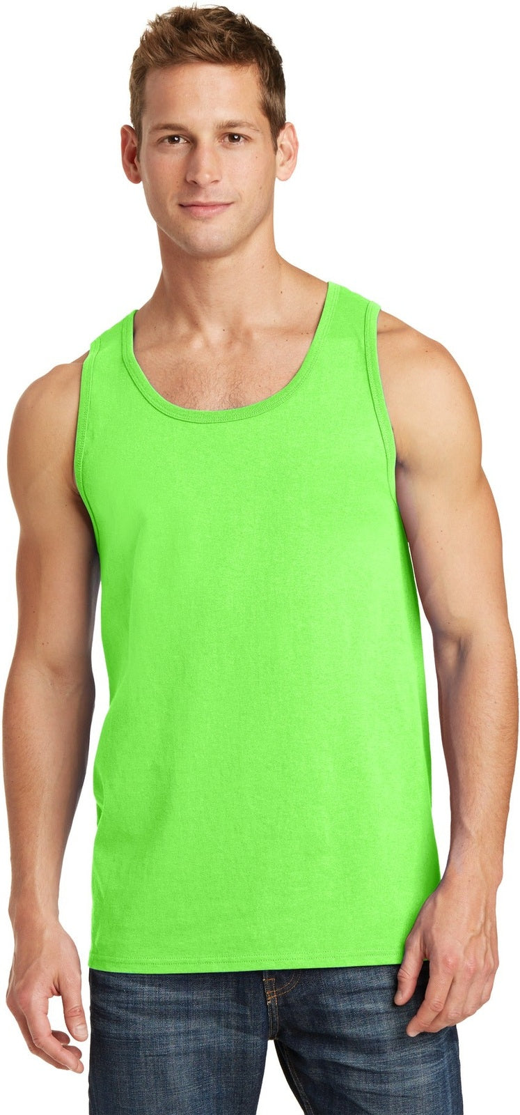 Front View of Neon Green Port & Co Core Cotton Tank Top. PC54TT