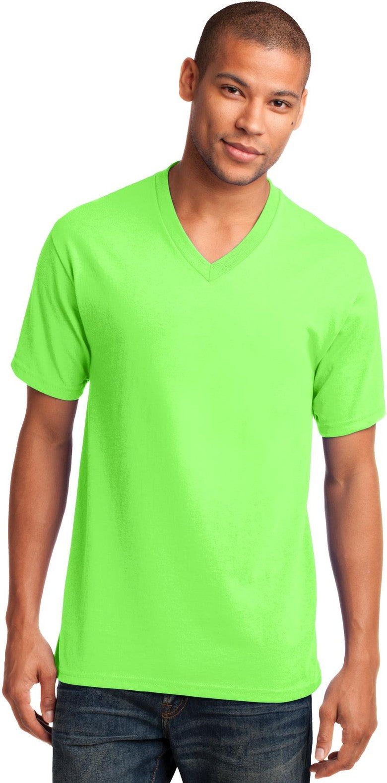 Front View of Neon Green Port & Co Core Cotton V-Neck Tee. PC54V
