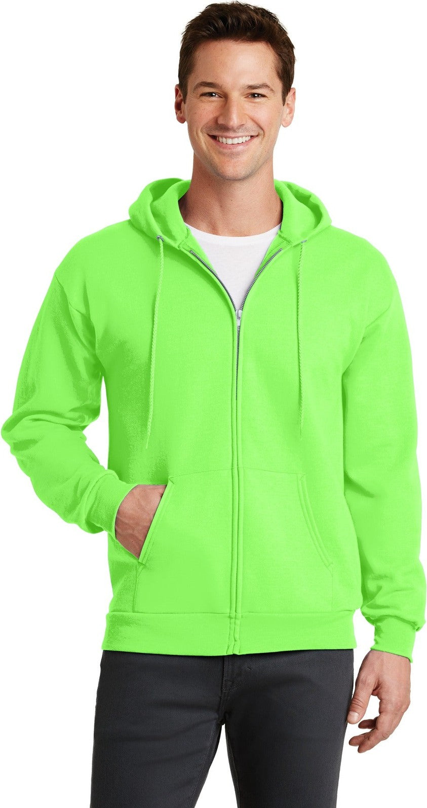 Front View of Neon Green Port & Co Core Fleece Full-Zip Hooded Sweatshirt. PC78ZH