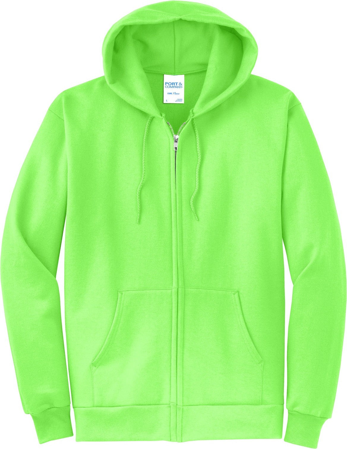 Front View of Neon Green Port & Co Core Fleece Full-Zip Hooded Sweatshirt. PC78ZH