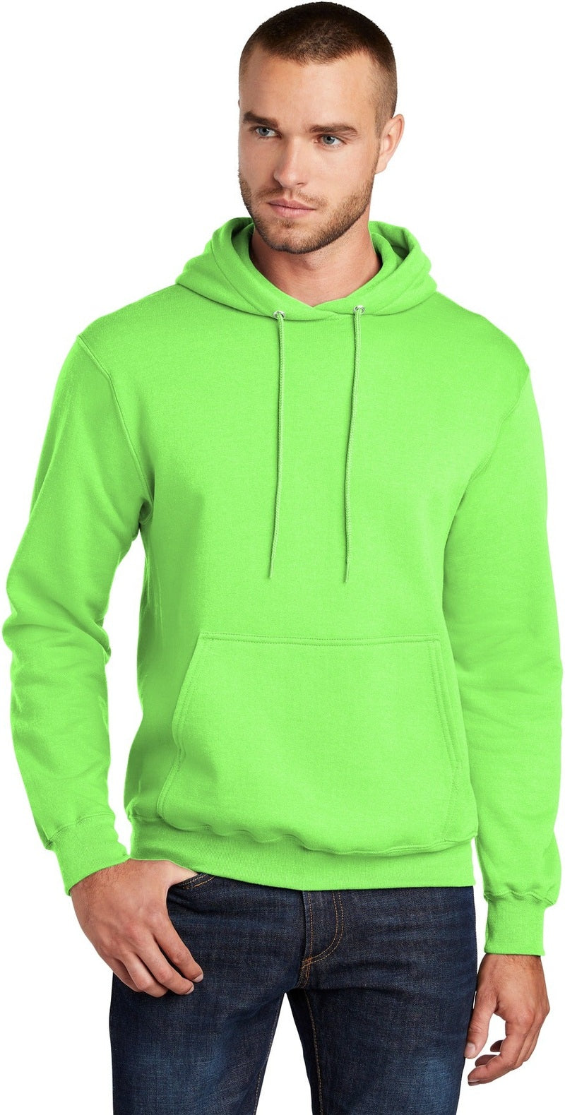 Front View of Neon Green Port & Co Core Fleece Pullover Hooded Sweatshirt. PC78H