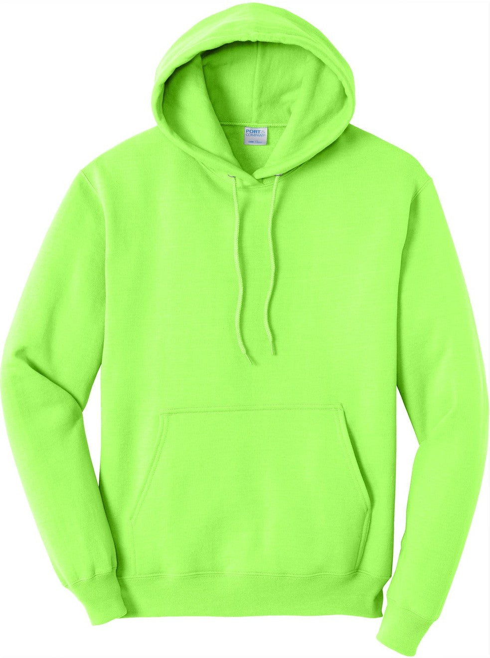Front View of Neon Green Port & Co Core Fleece Pullover Hooded Sweatshirt. PC78H