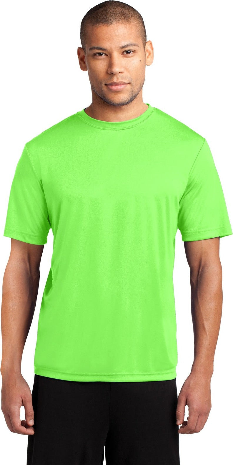 Front View of Neon Green Port & Co Performance Tee. PC380