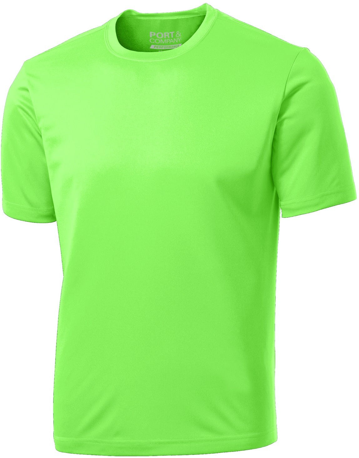 Front View of Neon Green Port & Co Performance Tee. PC380