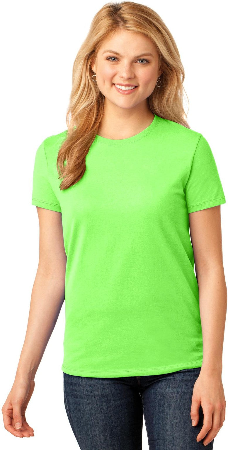 Front View of Neon Green Port & Co Women's Core Cotton Tee. LPC54