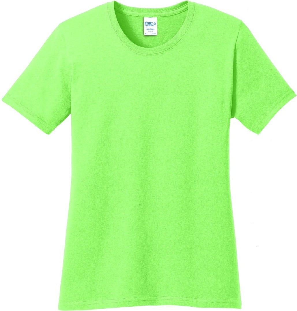 Front View of Neon Green Port & Co Women's Core Cotton Tee. LPC54