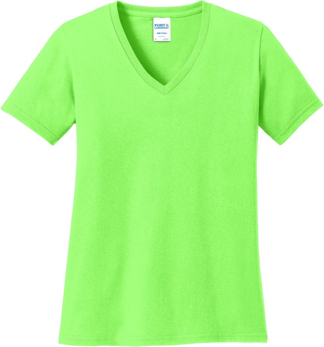 Front View of Neon Green Port & Co Women's Core Cotton V-Neck Tee. LPC54V