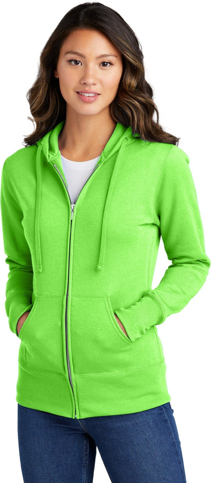 Front View of Neon Green Port & Co Women's Core Fleece Full-Zip Hooded Sweatshirt. LPC78ZH