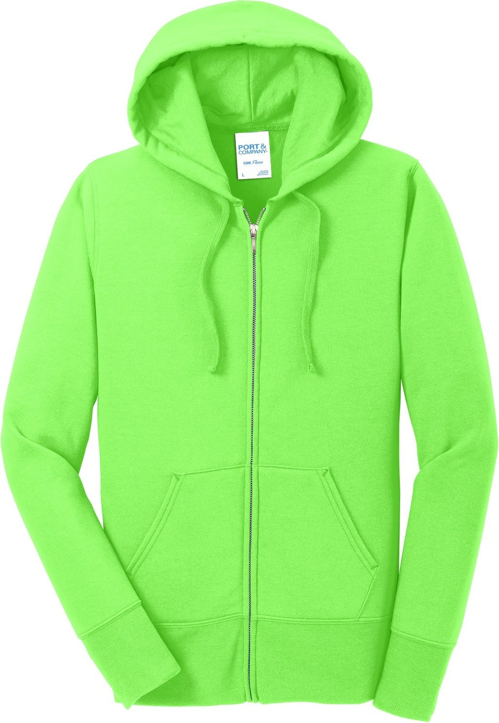 Front View of Neon Green Port & Co Women's Core Fleece Full-Zip Hooded Sweatshirt. LPC78ZH