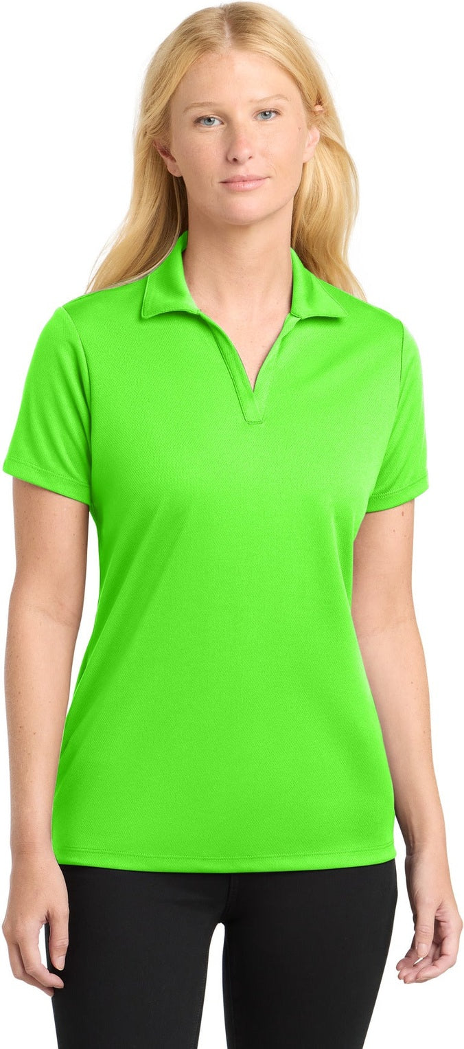 Front View of Neon Green Sport-Tek Women's PosiCharge RacerMesh Polo. LST640