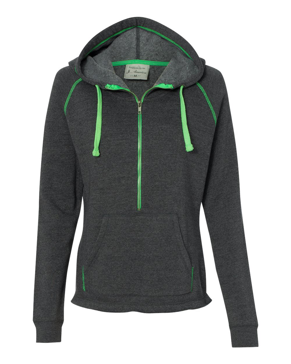Front View of Neon Green Women&#39;s Half-Zip Triblend Hooded Pullover Sweatshirt - 8876