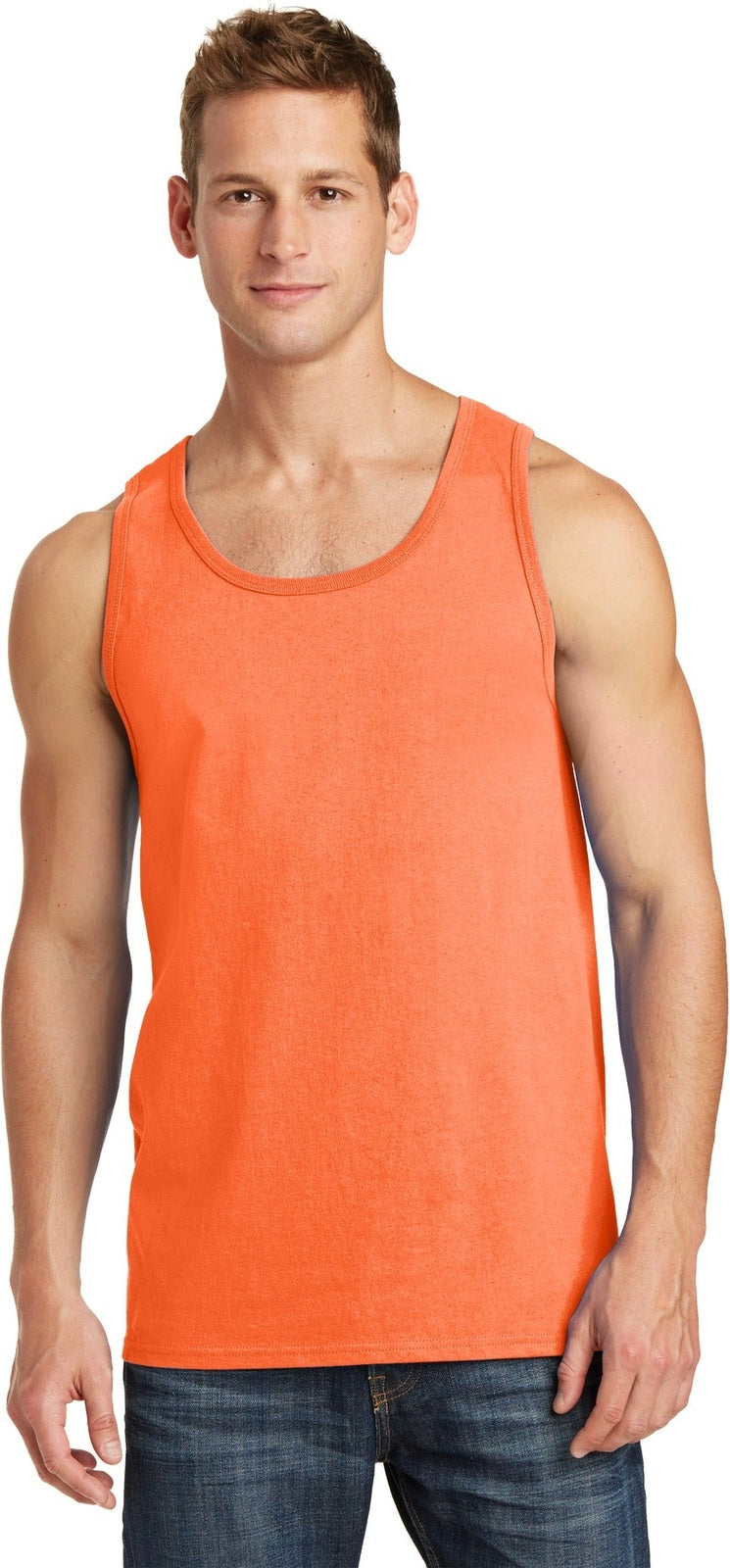 Front View of Neon Orange Port & Co Core Cotton Tank Top. PC54TT