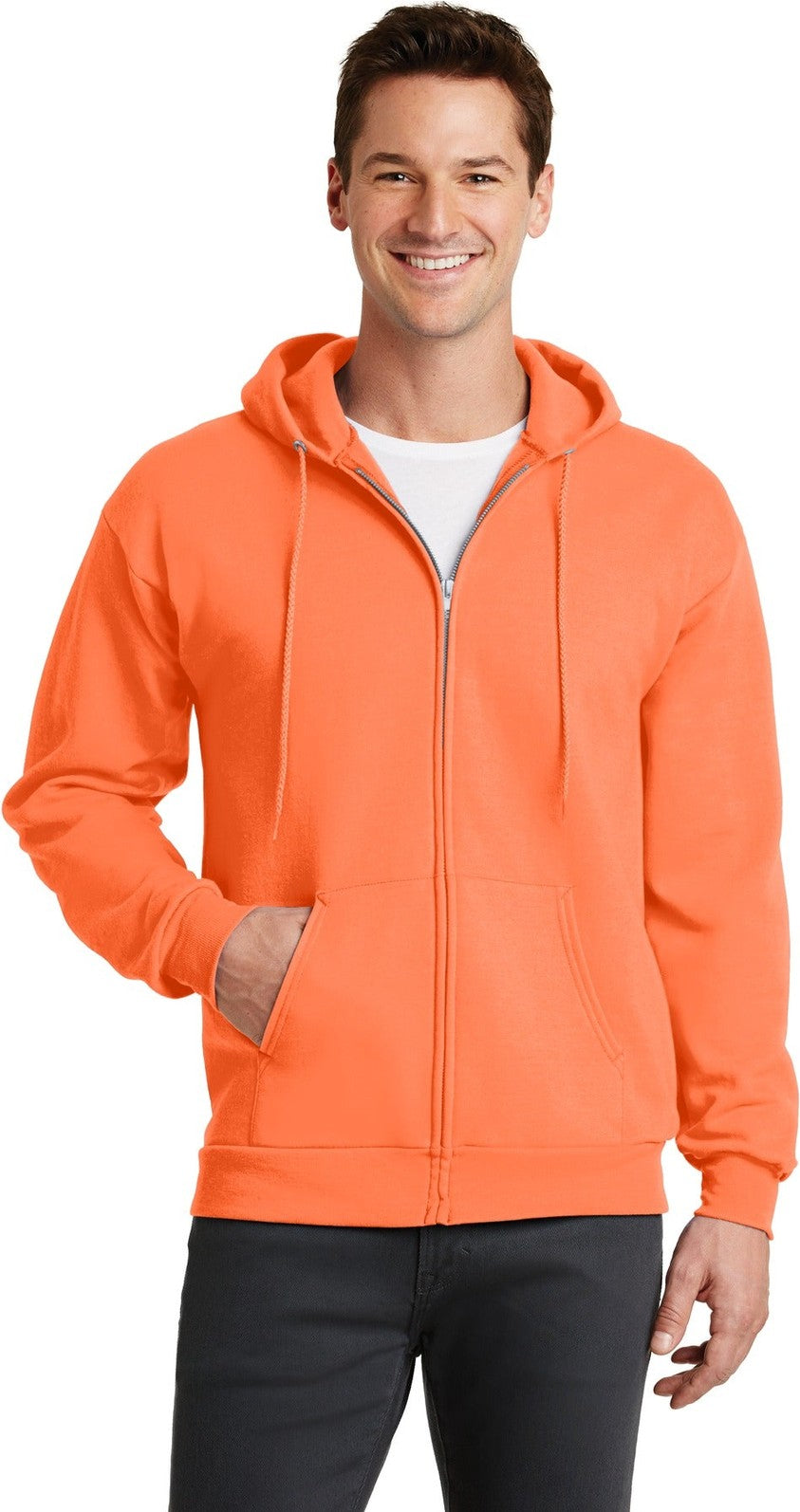 Front View of Neon Orange Port & Co Core Fleece Full-Zip Hooded Sweatshirt. PC78ZH