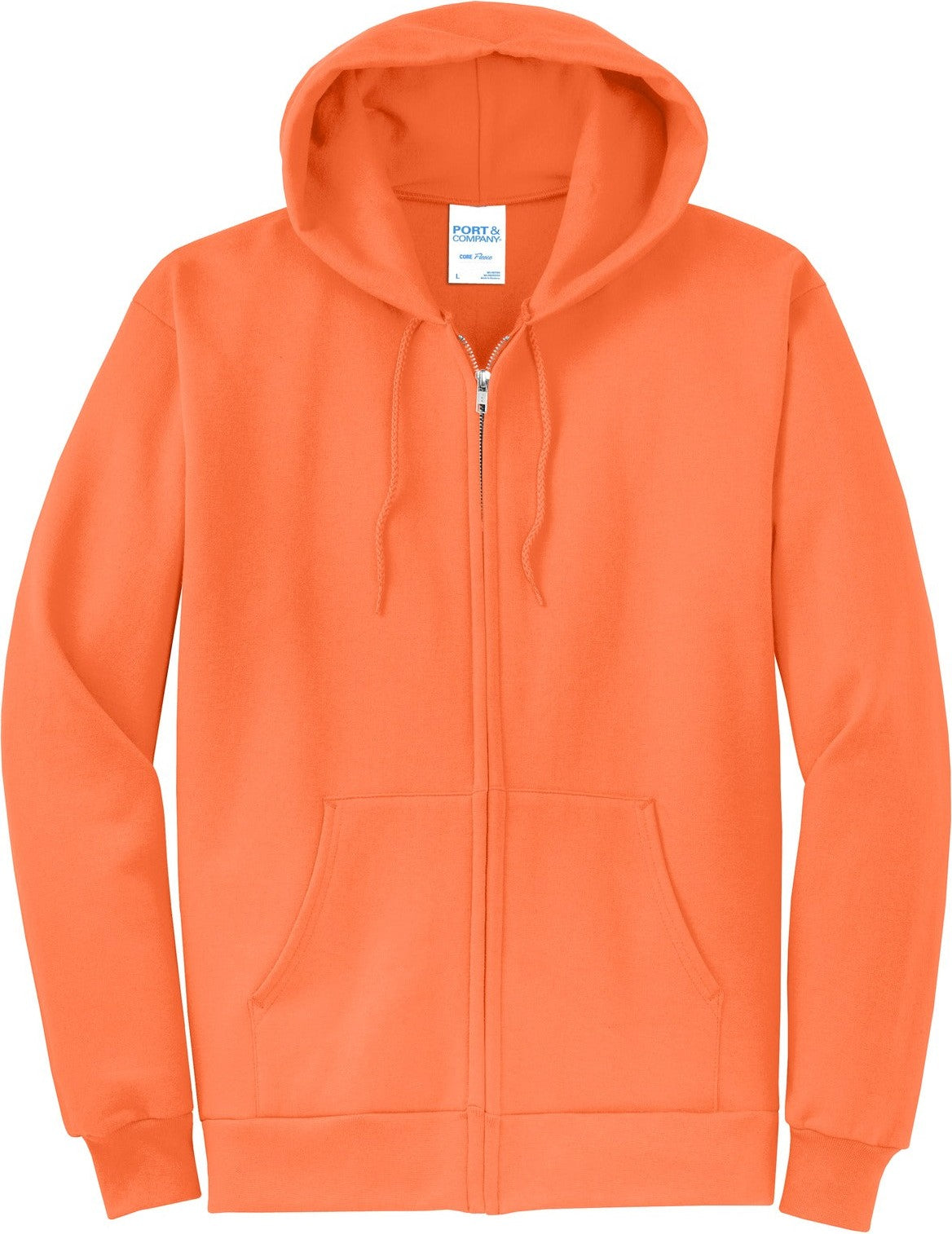 Front View of Neon Orange Port & Co Core Fleece Full-Zip Hooded Sweatshirt. PC78ZH