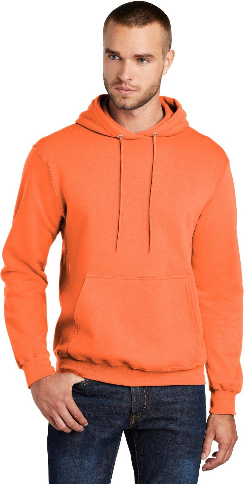 Front View of Neon Orange Port & Co Core Fleece Pullover Hooded Sweatshirt. PC78H