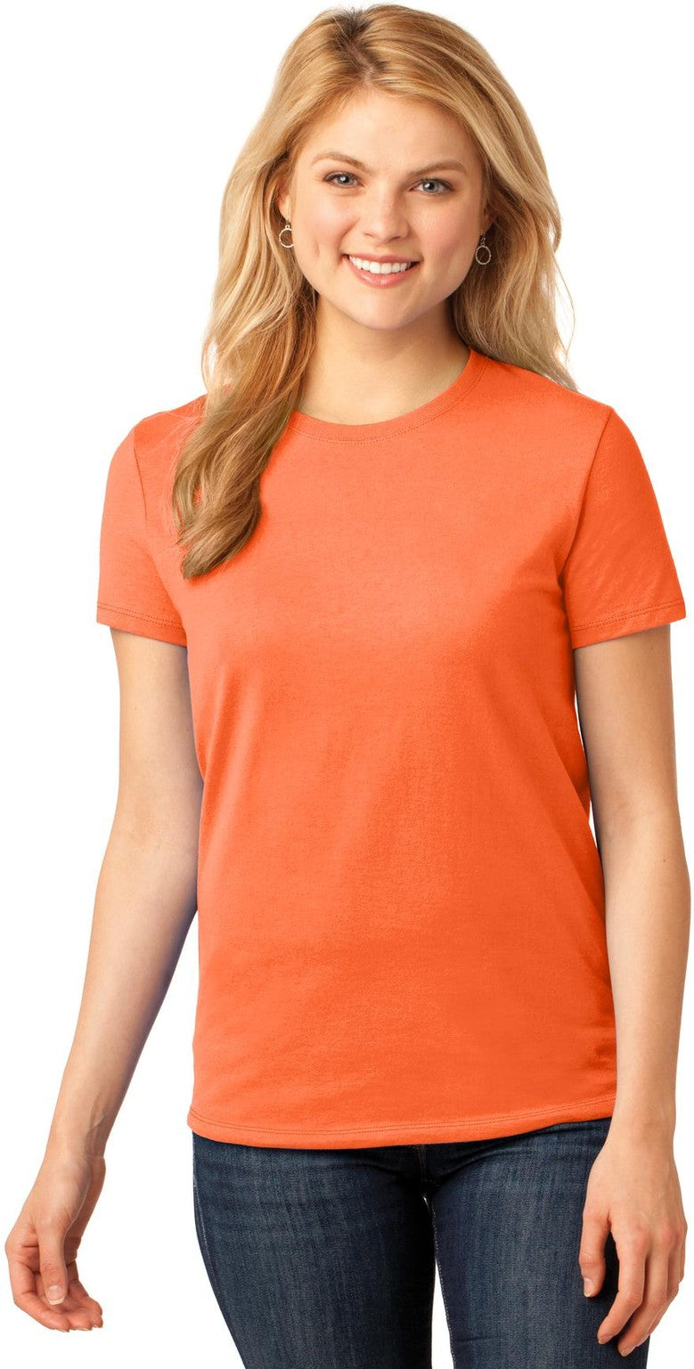 Front View of Neon Orange Port & Co Women's Core Cotton Tee. LPC54