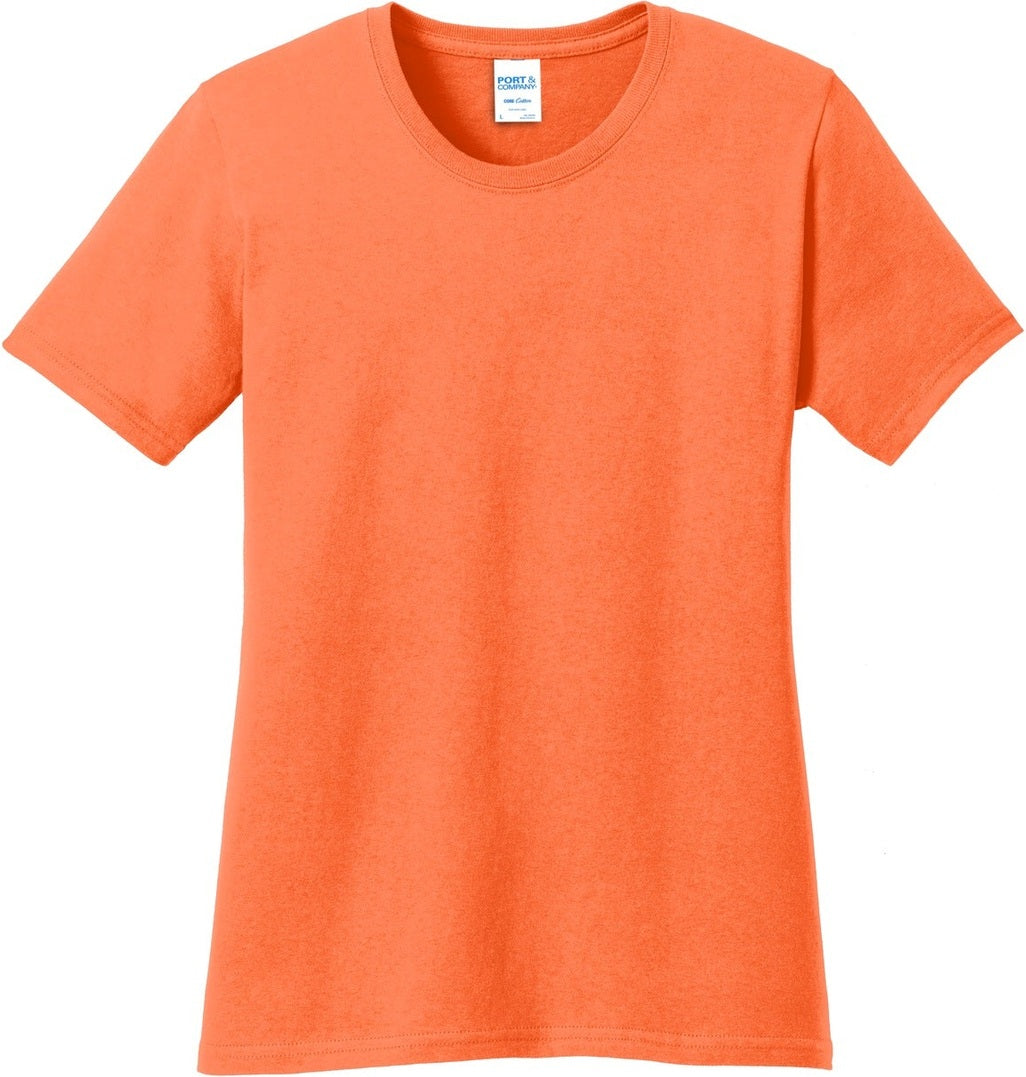 Front View of Neon Orange Port & Co Women's Core Cotton Tee. LPC54