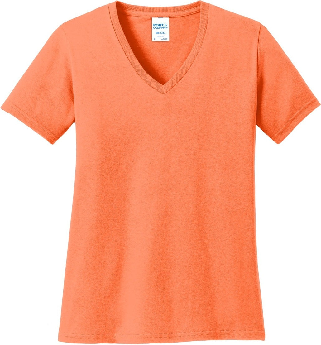 Front View of Neon Orange Port & Co Women's Core Cotton V-Neck Tee. LPC54V