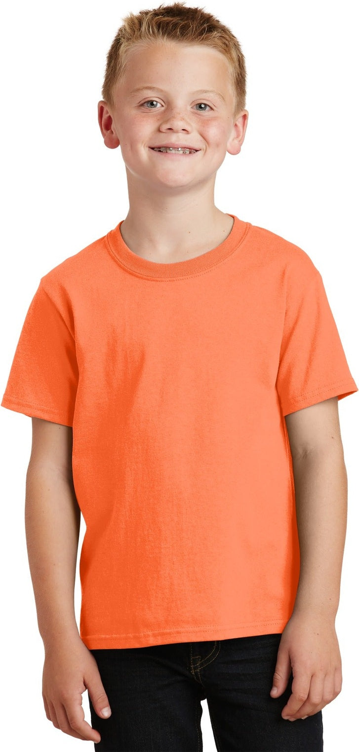 Front View of Neon Orange Port & Co Youth Core Cotton Tee. PC54Y